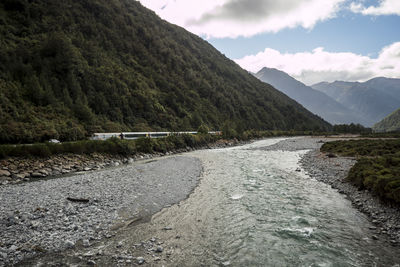 Scenic view of river by mountains against sky