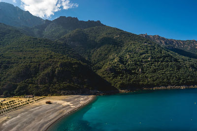 Scenic view of river amidst mountains against sky