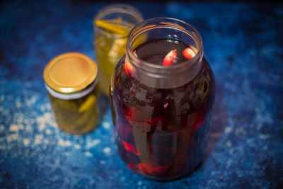 High angle view of drink in glass jar on table