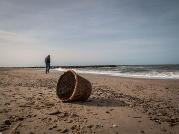Rear view of man on beach against sky