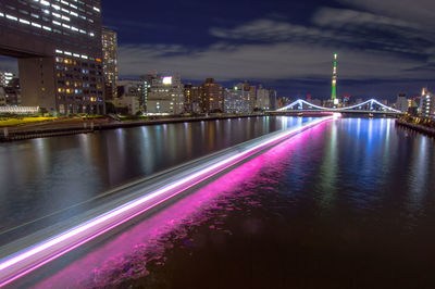 Houseboat light trails and tokyo sky tree