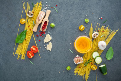 High angle view of various food on marble