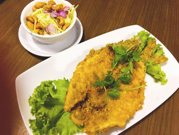 High angle view of food in plate on table