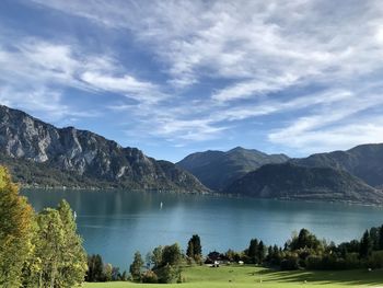 Scenic view of lake and mountains against sky