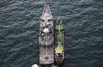 High angle view of ship sailing on sea