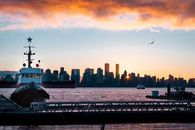 The sun setting behind the sky scrapers in downtown vancouver taken from londsdale quay harbour 