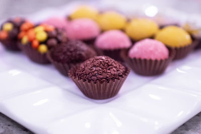 Close-up of cake served on table