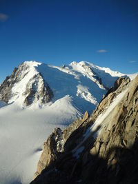 Scenic view of snowcapped mountains against clear blue sky