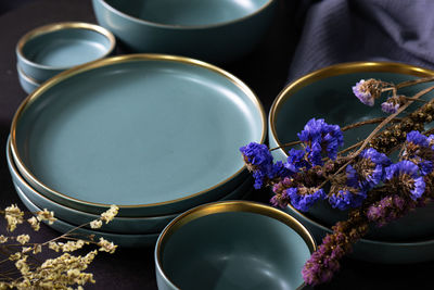 High angle view of purple flowering plants on table