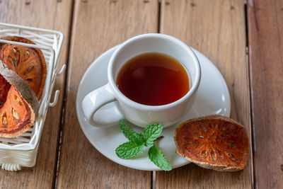 High angle view of breakfast on table