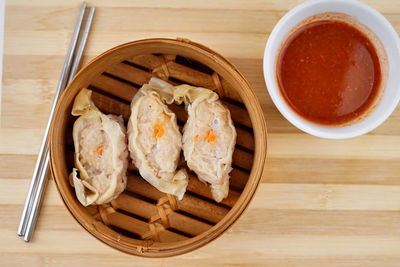 High angle view of breakfast on table