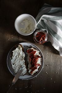 High angle view of sun dried tomatoes in plate on table