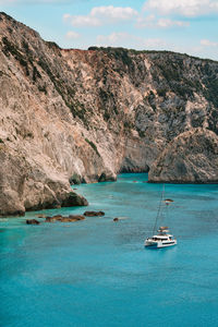 Sailboat sailing on sea in lefkada island