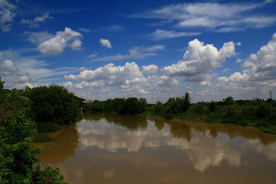 Scenic view of lake against cloudy sky