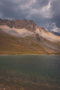 Scenic view of lake and mountains against sky