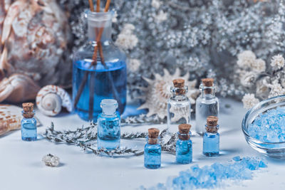 Close-up of objects on table at spa