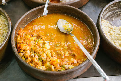 High angle view of fresh meal in claypot