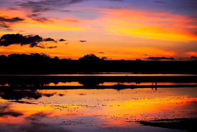 Scenic view of lake against orange sky