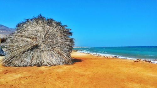 Scenic view of beach against clear blue sky