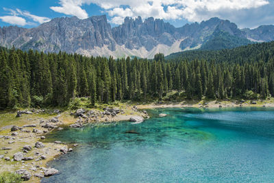 Enchanted panorama. lake of carezza. dolomites, italy