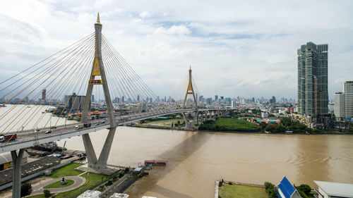 Bridge over river with buildings in background