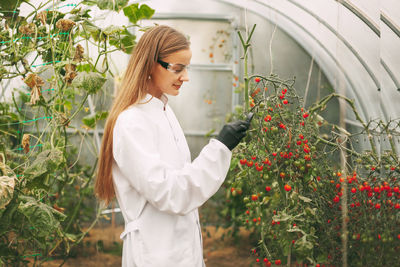 Woman working in greenhouse