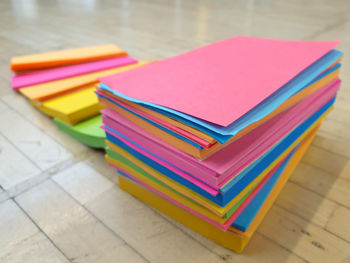 High angle view of multi colored files on table