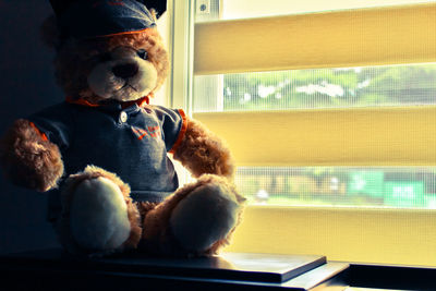 Close-up of baby boy in window at home