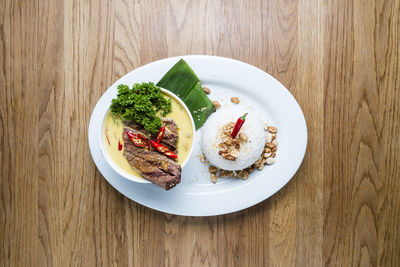 High angle view of meal served on table