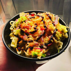 High angle view of food served in plate