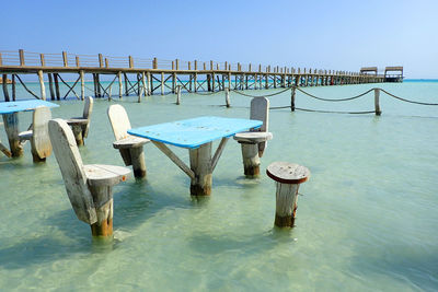 Wooden posts in sea against clear blue sky