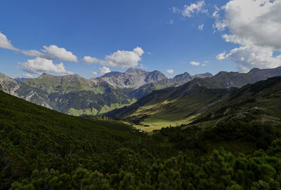 Scenic view of valley and mountains against sky