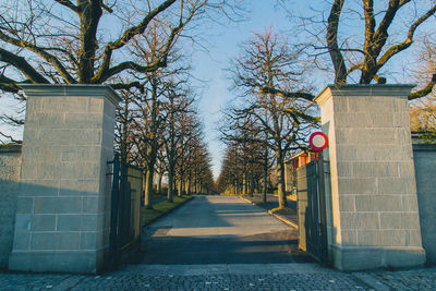 Footpath amidst trees and buildings against sky