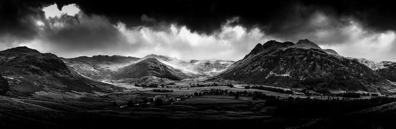 Panoramic view of snowcapped mountains against sky