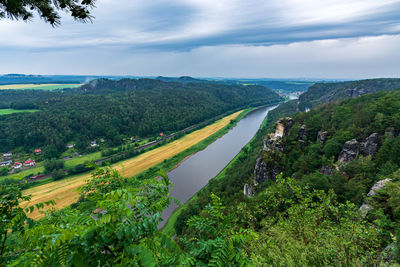 High angle view of trees on landscape against sky