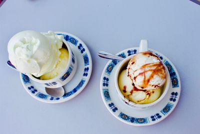 High angle view of ice cream served on table