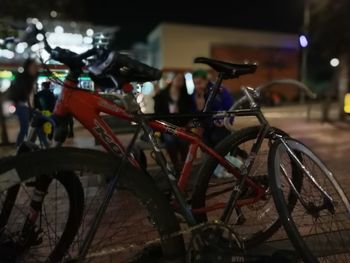 Close-up of bicycle at night