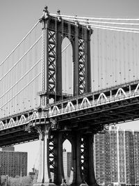 Low angle view of suspension bridge against sky