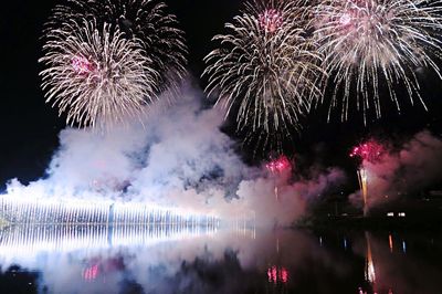 Idyllic view of firework display over sea at night