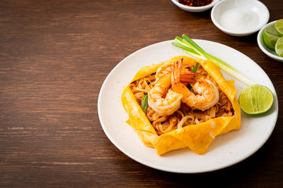 High angle view of food in plate on table