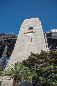 Low angle view of historical building against clear blue sky
