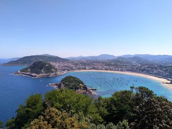 High angle view of bay against clear blue sky