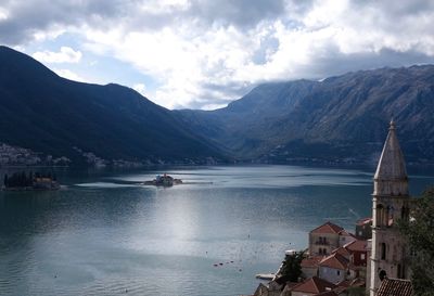 Scenic view of lake by buildings against sky