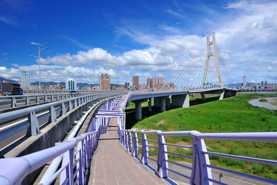 Bridge over cityscape against sky