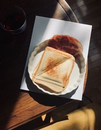 High angle view of breakfast served on table