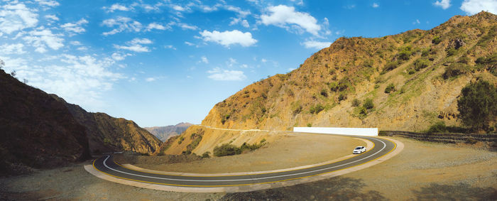 A panoramic shot of a curve on the way down from jabal qahar in jizan, saudi arabia.