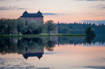 Reflection of trees in lake during sunset