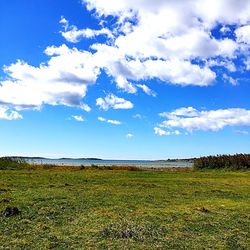 Scenic view of beach against cloudy sky