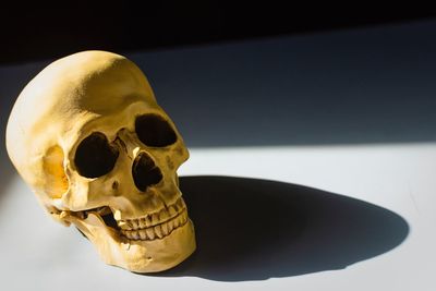 Close-up of human skull against black background