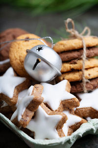 High angle view of cookies on table